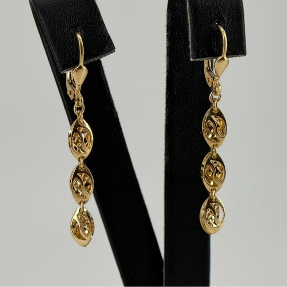14K Yellow Gold Dangle Drop Earrings Leverback 2.6g Solid Gold Oval Link New - Picture 2 of 8